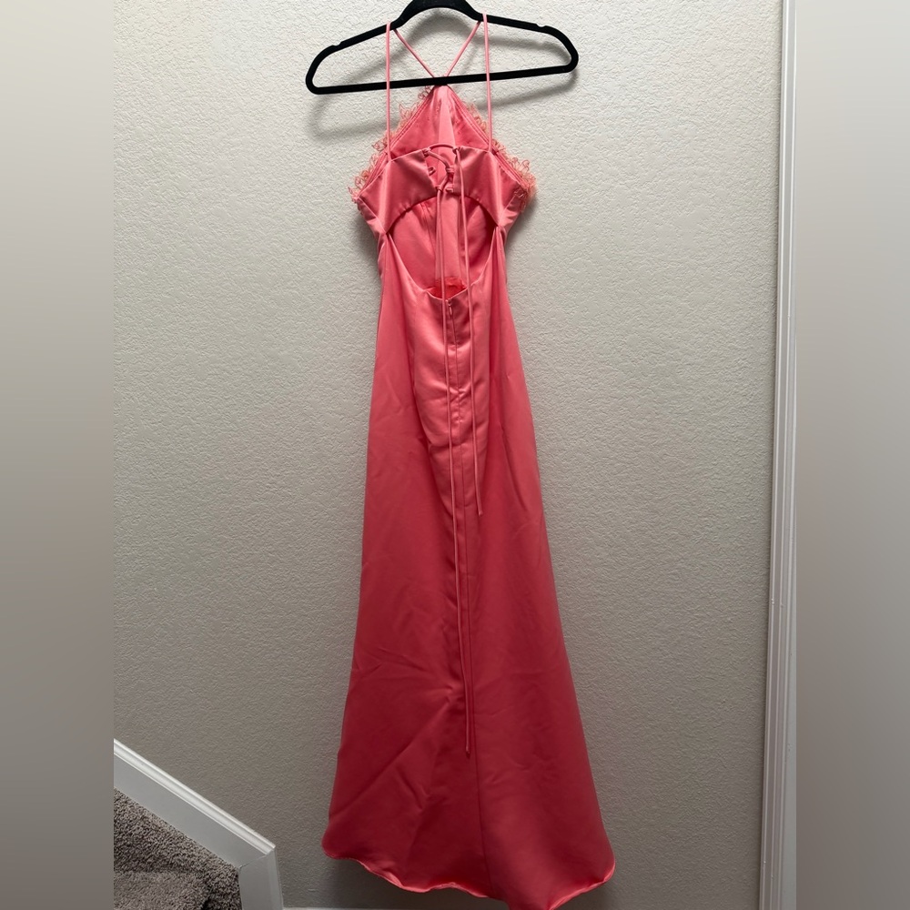 VTG 90s Y2K Dollar USA Coral Pink Satin Gown 3D Floral Beaded Halter Dress XS - Picture 5 of 15